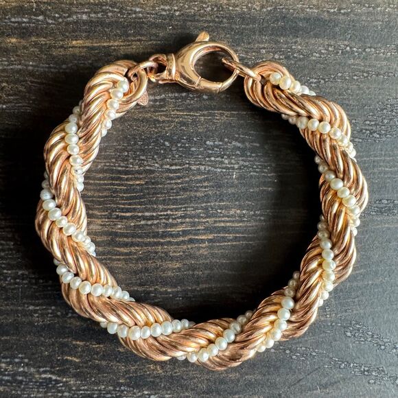 HONORA Cultured Pearl & Bronze Bracelet Rose Gold Tone Twist Rope Italy 8" - Picture 1 of 12